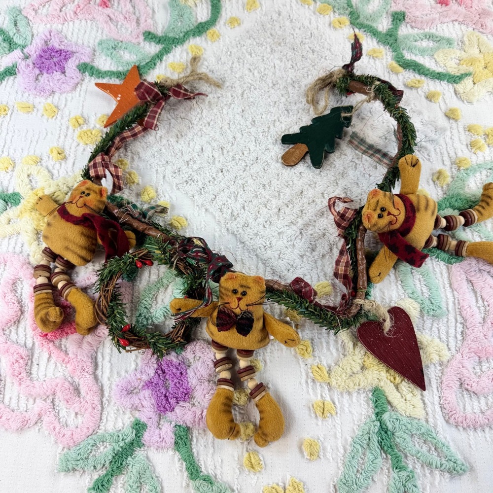 Primitive Christmas Cat Garland Plush Rustic Holiday Decor 31 Inch 18372